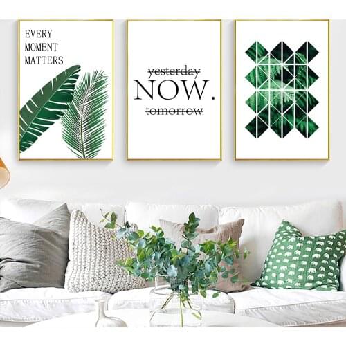 Green Leaves And Literal And Geometry Canvas Paintings Wall Art Pictures Decorative Arts for Living Room Office Home Decoration