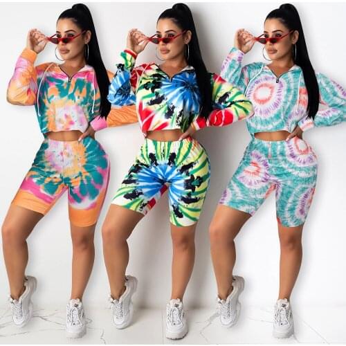 2 Pieces Set Women 2020 United States new tie-dye hooded fleece leisure fashionable home sports pants suit Sports Set SLFH7933