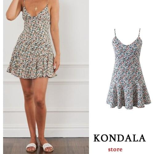 KONDALA Women Summer Dress Za 2021 Floral Printed Sling Beach Style Elastic Slim Mini Dress Vintage Mujer Vestidos