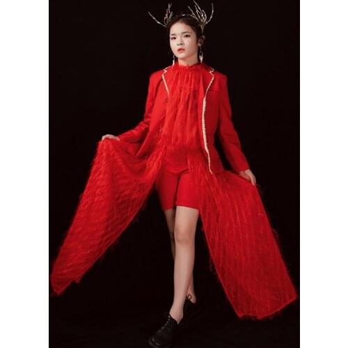 Chinese Style Performance Suit Red Suit Halterneck Vest Suit Girls Model Competition Dress Kids Dance Costume Stage Wear XS2578