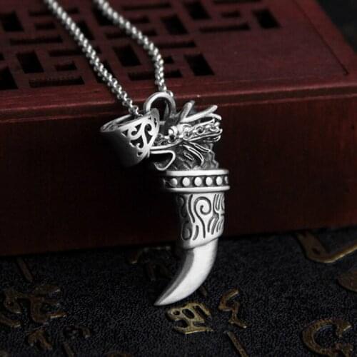 Thai Silver Vintage Dragon Head Pendant for Necklaces Men Women Jewelry 100% Real 925 Sterling Silver Spike Wolfs Fang Pendant