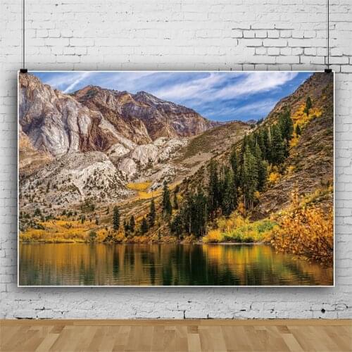 Laeacco Nature View Background Autumn Mountain Lake Forest Blue Sky Beautiful Scenic Photocall Poster Photography Photo Backdrop