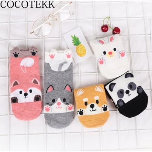 Cartoon Cat dog Animal Women Socks Funny Novelty Comfortable Lovely Full Cotton Short Socks Kawaii Cute Character Harajuku Socks