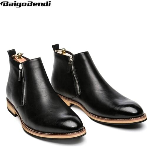 New Winter Leather Zip Ankle Boots Fashion Mens Pointed Toe Riding Boots Formal Dress Wedding Oxford