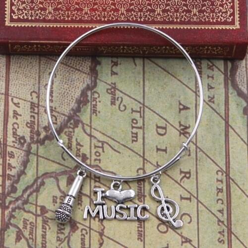 New Silver Color Metal Women Bracelet Vintage Microphone I Love Music Headset Charms Accessory Men Bangles Jewelry Gifts