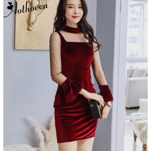 Autumn Mesh Patchwork Velvet Dresses Long Sleeve O Neck Womens Vintage Dress Bandage Office Sexy Party Bodycon Dress Vestidos