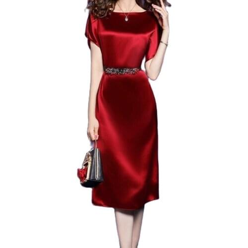 Summer Short sleeve Silk smooth Bright Long Dress Sexy Elegant Green Satin Party sparkling Dress Woman belt Midi Dresses