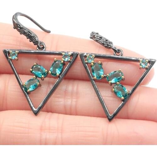 40x28mm Unique Jewelry Set Gothic Trangle Created Tourmaline Peridot Tanzanite Black Gold Silver Pendant Earrings Hiphop