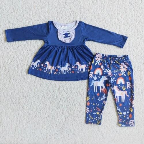 Fall Winter Girls Unicorn Long Sleeve Tunic Cartoon Straight Pants Set Baby Boutique Wholesale