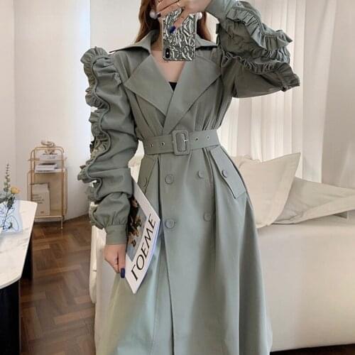 Patchwork Ruffle Windbreaker for Women Lapel Long Sleeve Sashes Casual Double-breasted Trench Female Fashion Spring Autumn