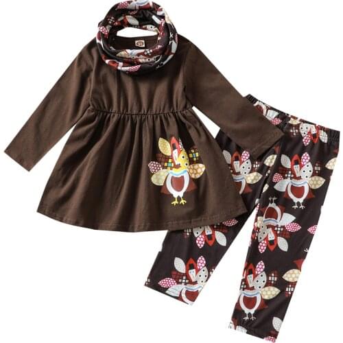 0-4Y Autumn Kids Baby Girl Clothes Sets Thanksgiving Days Suits Turkey Print 3PCS Long Sleeve T-Shirt+Leggings+Scarf Fall Sets