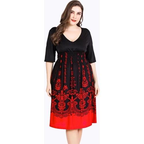 Women Dresses Plus Size 5xl 6xl Summer Ladies V Neck Half Sleeve High Waist Casual Midi Dress Floral Print Tunic Party Dresses