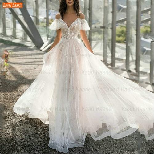 Sexy Bohemian Wedding Gown 2021 Ivory Vestido De Novia Tulle Lace Spaghetti Straps Beach Suknia Slubna Custom Made Bride Dresses