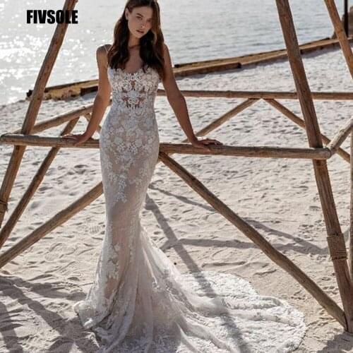 Fivsole Spaghetti Straps Mermaid Wedding Dress Lace Applique Sweetheart Skin Lining Long Bridal Gown Robe de mariage Elegant