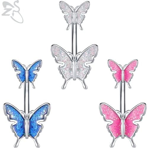 ZS 1 Piece Double Butterfly Design CZ Crystal Belly Ring 14g Stainless Steel Navel Belly Button Ring Belly Piercing Body Jewelry