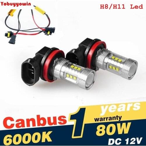 2PCS H8/H11 Car LED Fog DRL Light High Power 80W Canbus Error Free Car Lighting With H8/H11 Auto Led Decoder Load Resistor