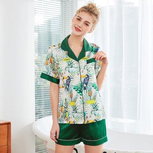 2019 Summer Printing Short Sleeve Silk Pajamas Set Two Pieces Set Women Sleepwear Sexy Nightwear for Women Sleeping set