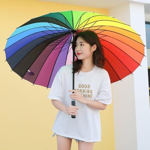 24K Rib Color Rainbow Fashion Long Handle Straight Anti-Uv Sun/Rain Stick Umbrella Manual Big Parasol
