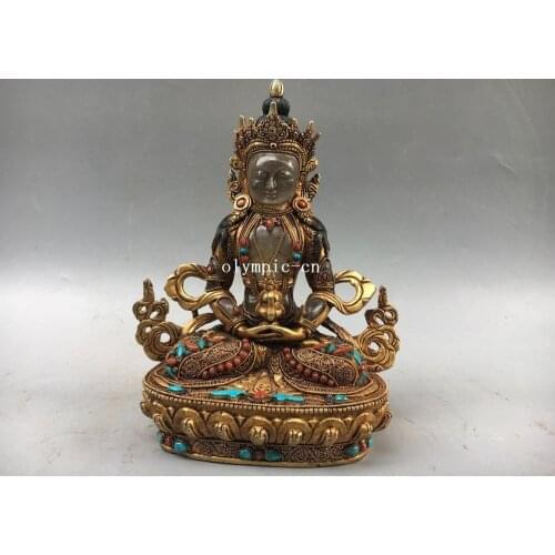 8.5'' Nepal Bronze Gold 100% Crystal coral turquoise Tathagata Amitayus Buddha