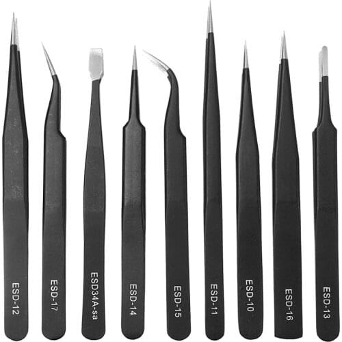9pcs ESD Stainless Steel Anti-static Tweezers with Storage Bag Teardown Electronic Maintenance Tool