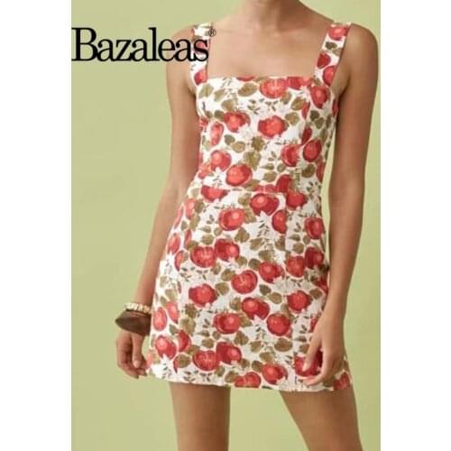 Bazaleas Red Floral Print Dress Retro Sleeveless Dresses Vestidos Women Mini Dress