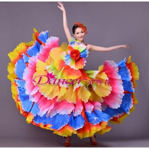Freeship single shoulder colorful full flower petals spanish carnival dance dress/stage performance dress/belle/ballroom