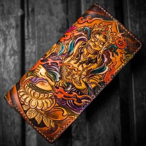 Handmade Wallets Carving the god of wealth Purses Men Long Clutch Vegetable Tanned Leather Wallet Card Holder