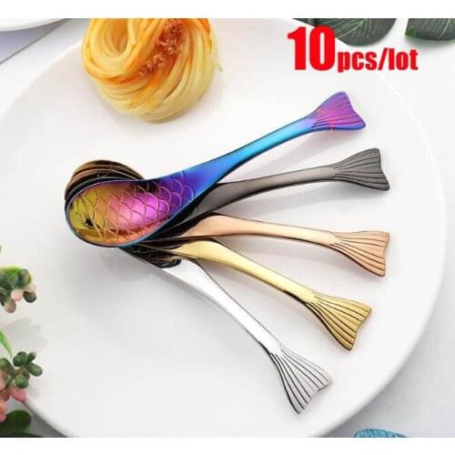10Pcs/lot Stainless Steel Dessert Spoon Fish Scale Patterns Coffee Tea Stirring Spoons Baby Feeding Spoon Household Dinnerware