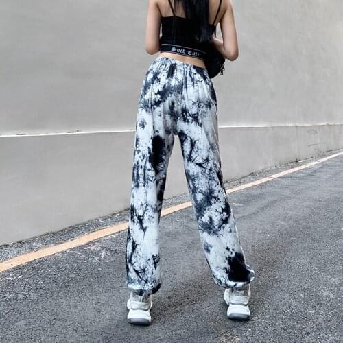 Women High Waist Tie Dye Letter Printing Casual Wide Leg Pants Elastic Waist Hip Hop Loose Pants 2020 Winter New Women Pants