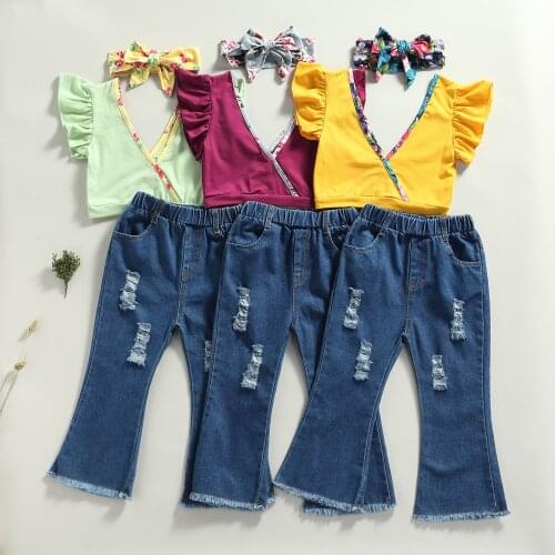 FOCUSNORM 1-5Y Summer Fashion Girls Clothes Sets Floral Ruffles Sleeve V Neck T Shirts Tops Denim Hole Flare Pants