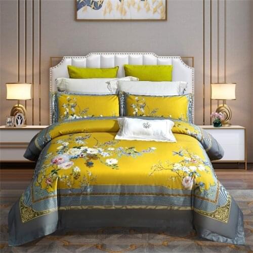 100S Luxury Egypt Cotton Sanding Flowers Printed Bedding Set Warm Soft Duvet Cover Bed Sheet Pillowcases Queen King Size 4Pcs