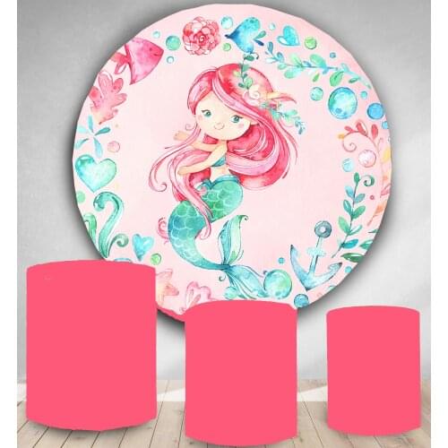 Circular Round Panel backdrop circle background cartoon mermaid pink girl birthday party decor baby shower polyester fabric