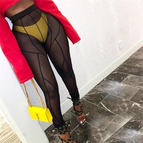 Hot Sexy Stripe High Waist Yoga Gym Pants Leggings Mesh Breathable Cover Up Transparent Solid Color Trousers Sports Streetwear