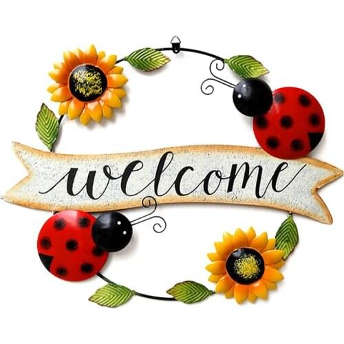 Metal Sunflower Beetle Welcome Sign Wall Decor Metal Sunflower Beetle Wall Art Decor Hanging for Indoor Outdoor Home Garden