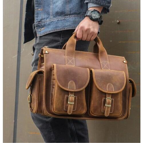 Luufan 2019 New Hot Leather Men Brief Case 2 Front Pockets Business Handbag 13.6 Inch Laptop Notebook PC Handbags Men Male Bag
