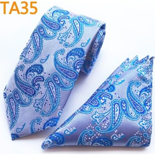 Men Ties Set Blue Paisley Necktie Gravata Pocket Square