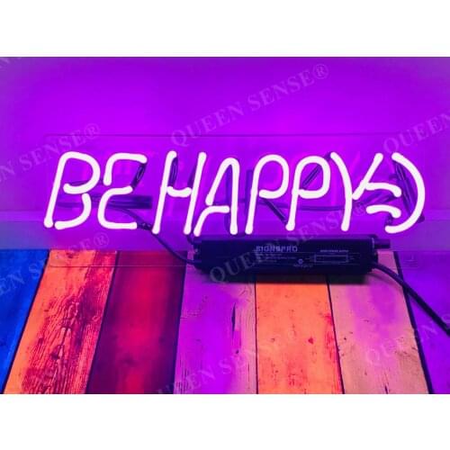 14“ Be Happy Purple Acrylic Custom Neon Light Lamp Sign Beer Handmade Real Glass Decorate Home Wall Room Windows Tube Artwork