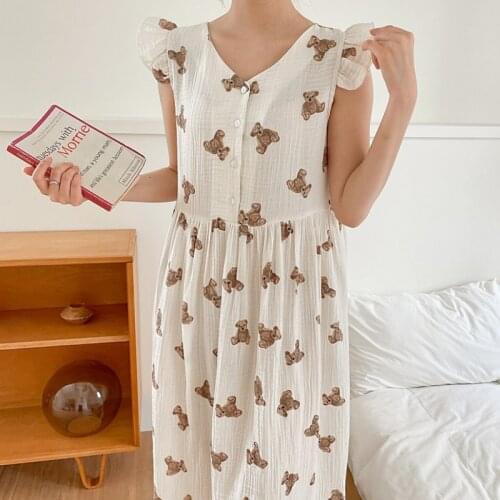 Cartoon Bear Summer Nightgown Women V-Neck Sleeveless Kawaii Print Long Sleepwear Cotton High Waist Single Breasted Homewear