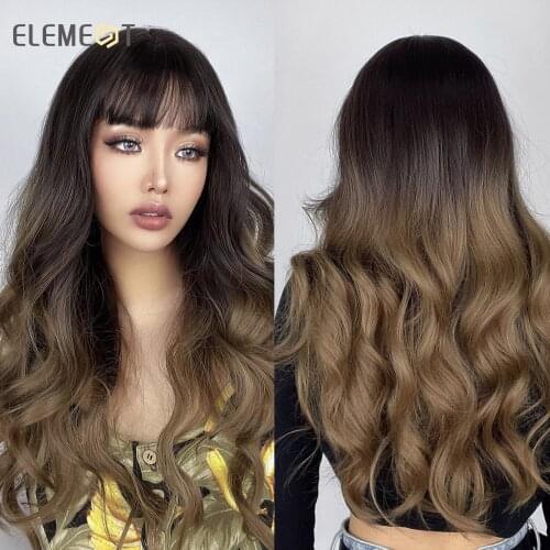 Element Long Water Wave Ombre Brown Synthetic Wigs with Bangs for Women Natural Daily Party Heat Resistant