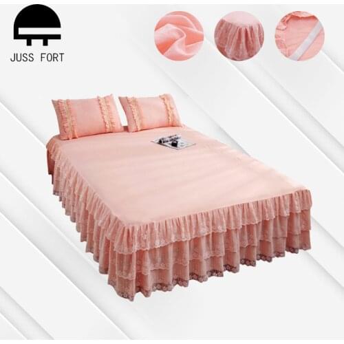 Nordic Princess Bedding Solid Color Ruffled Bed Skirt Pillowcases Lace Bed Sheets Mattress Cover King Queen Full Size Bed Covers