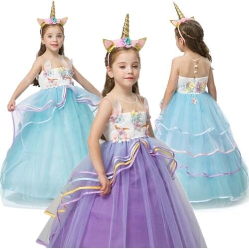 Unicorn Princess Party Dress Floral Birthday Ball Gown Kids Dresses for Girls Children Clothing for 4 to 10 Years Baby Clothes