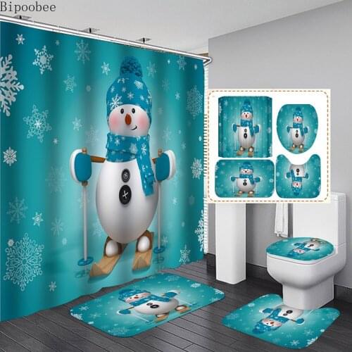 Bipoobee Christmas Bathroom Curtain Mat 2020 Merry Christmas Decor for Home Anti-slip Rug Cover Toilet Bath Mat Shower Curtains