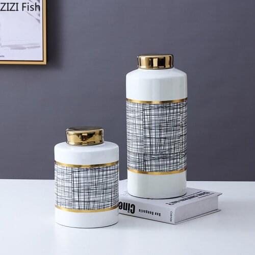 Abstract Lines Painted Ceramic Jars with Lid Flowers Vase Flower Arrangement Storage Jar Dressing Table Cosmetic Containers