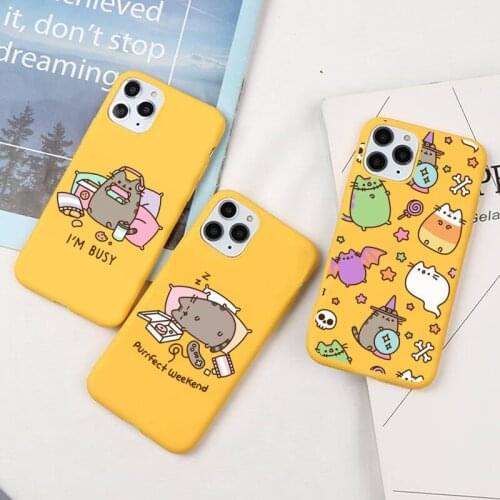 Cute Cartoon Cat Pusheens Phone Case For iphone 12 11 Pro Max Mini XS 8 7 6 6S Plus X SE 2020 XR Candy yellow Silicone cover