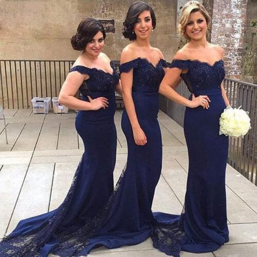 Navy Blue Mermaid Bridesmaid Dresses Long Lace Appliques Beaded Off Shoulder Button Back Cheap Wedding Guest Prom Party Gowns