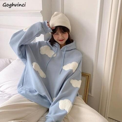 With Hat Hoodies Women Harajuku 3D Cloud Printed Plus Velvet Thicker Teens Top Korean Leisure Designer Streetwear Loose Chic Ins