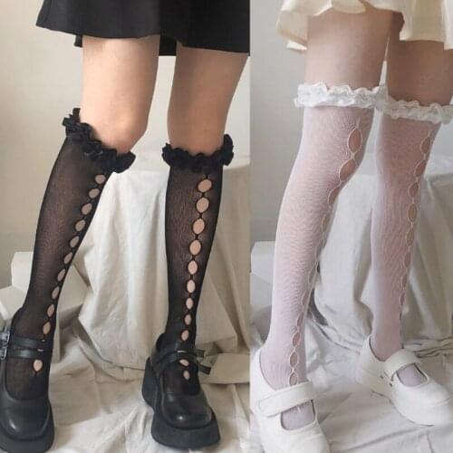 Japanese Lolita Ruffled Lace Knee High Long Socks Hollow Out Ripped Hole Kawaii Transparent Fishnet Stretch Thigh High Over