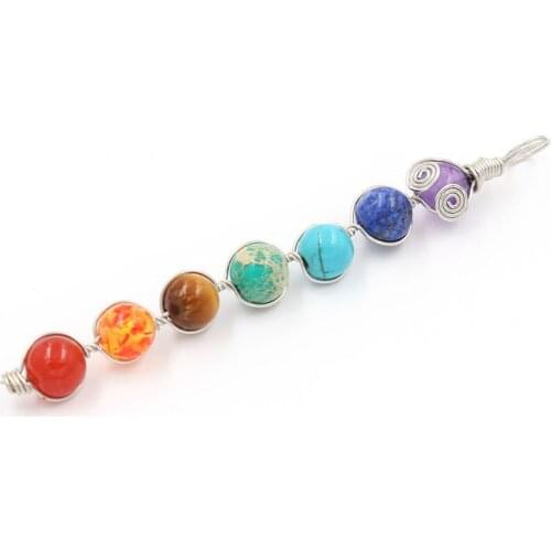 YJXP Silver Plated Wire Wrap Colorful Round Beads Stone Straight Line Pendant Ethnic Jewelry