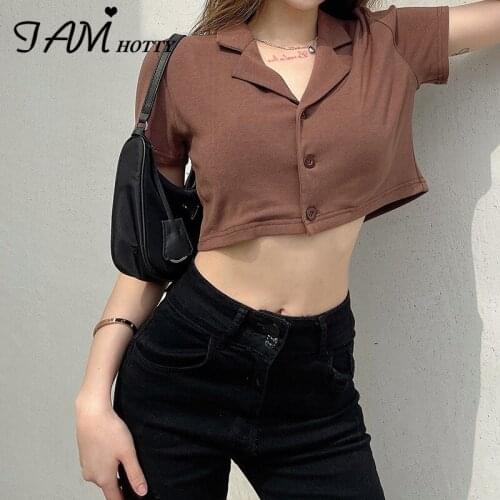 Button-up Brown Short Sleeve T-shirt Women Korean Style Fashion Knitted Crop Top Tee Summer Casual V Neck Clothing 2021 Iamhotty