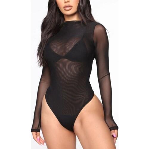 Women Sexy See-Through Lingerie Solid Color Long Sleeve Jumpsuits Fashion Transparent Intimates Erotic Lingerie